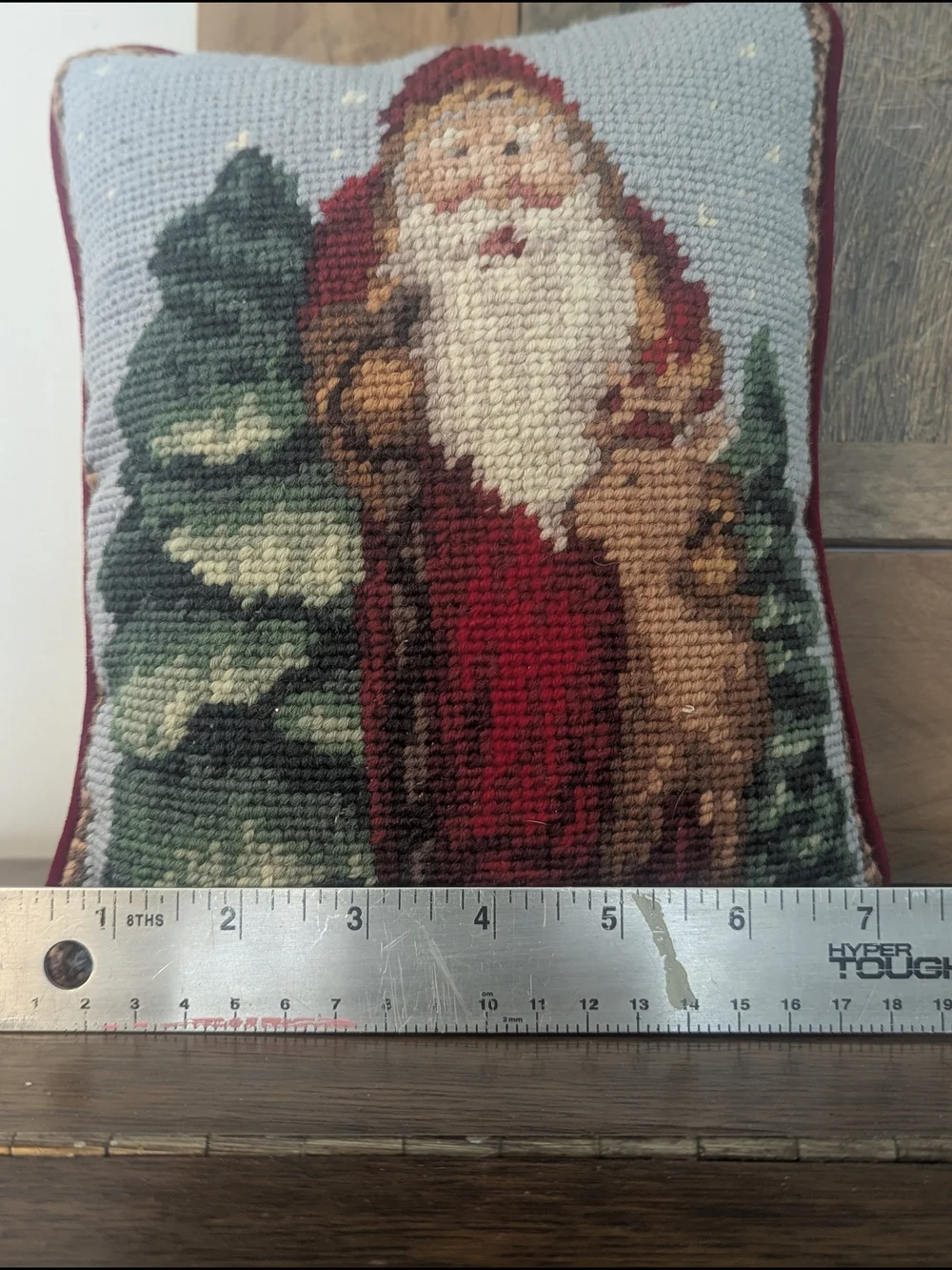 Hand-Stitched Santa Claus Christmas Needlepoint Pillow Vintage